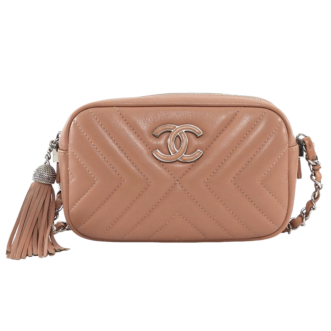 Chanel Beige nude Mini diagonal Chevron Tassel Chain Camera Bag