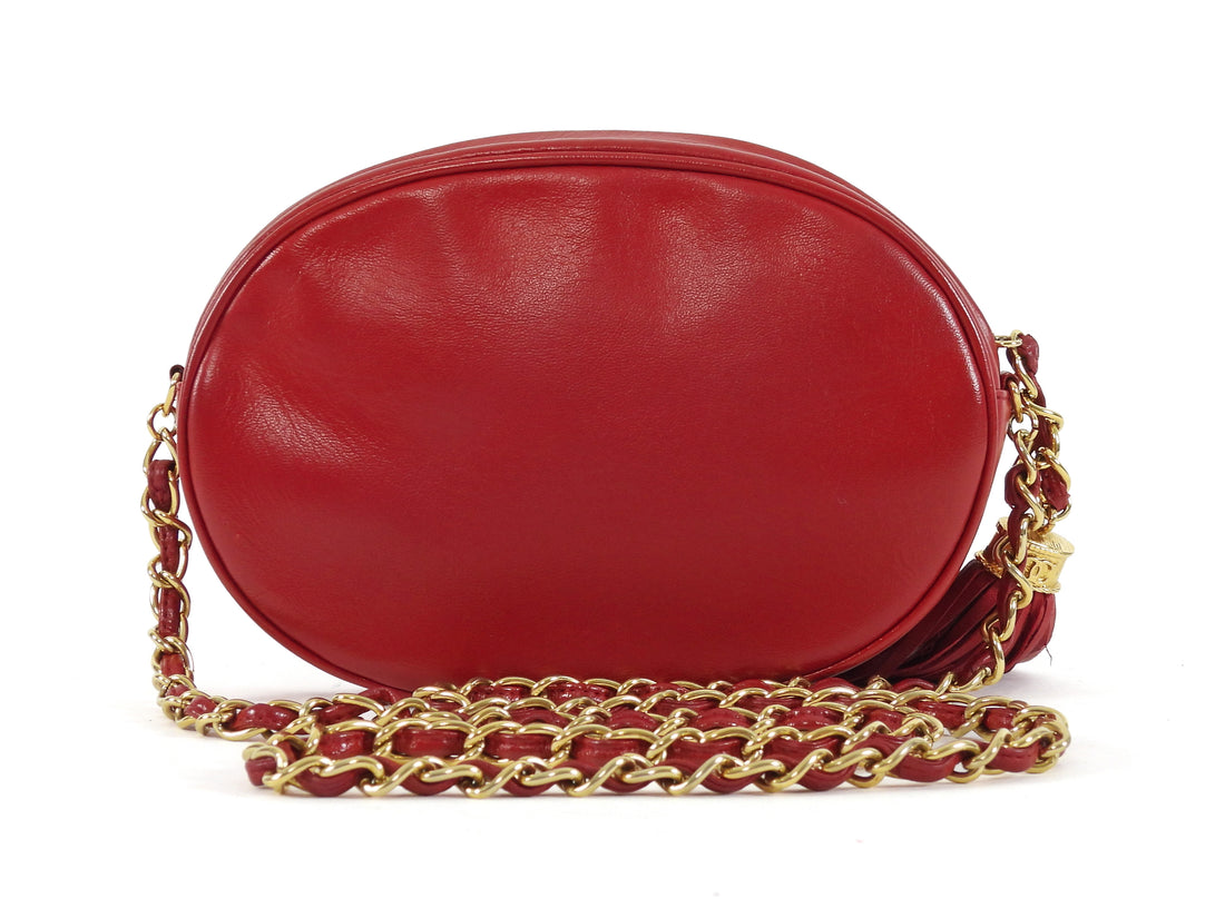 Chanel Red Vintage 1989 CC Oval Tassel Chain Mini Camera Bag