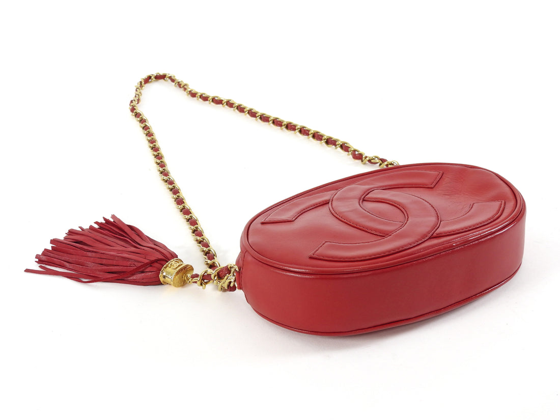 Chanel Red Vintage 1989 CC Oval Tassel Chain Mini Camera Bag