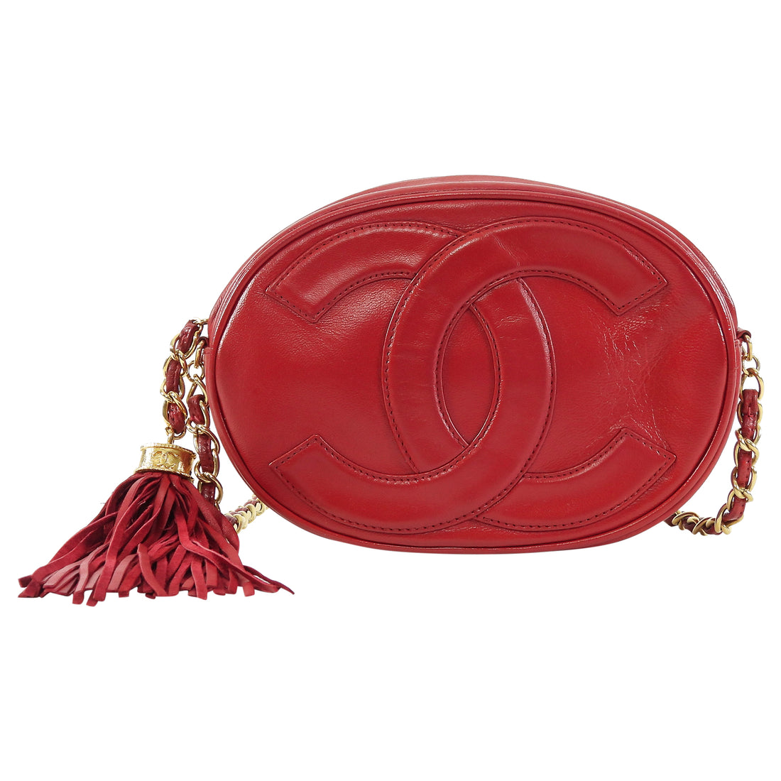 Chanel Red Vintage 1989 CC Oval Tassel Chain Mini Camera Bag