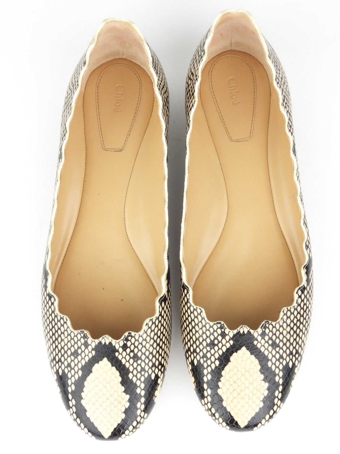 Chloe Beige Python Embossed Scalloped Leather Lauren Flat Shoes - 40 EU