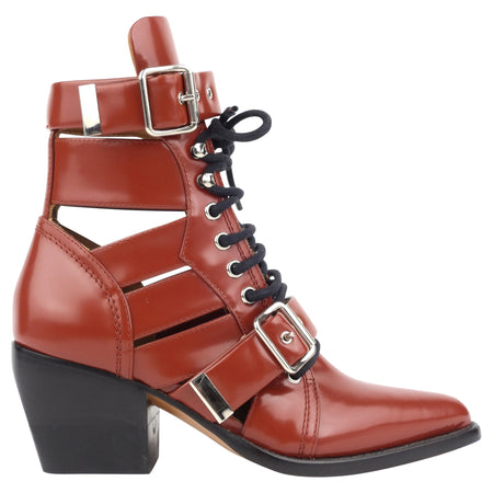 Chloe Red Brown Shiny Calfskin Leather Rylee Medium Ankle Boot - 36