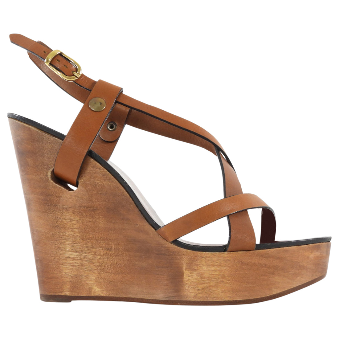 Chloe Brown Leather Wooden Wedge Sandal - 39.5