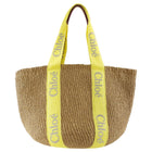 Chloe Yellow Logo Web and Natural Raffia Woven Basket Woody Tote