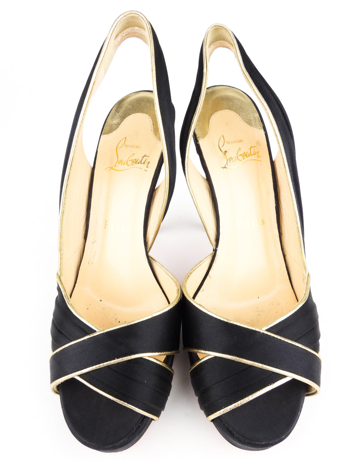 Christian Louboutin Black Satin Gold Trim Stiletto Heel Platform Slingback Sandals - 37.5