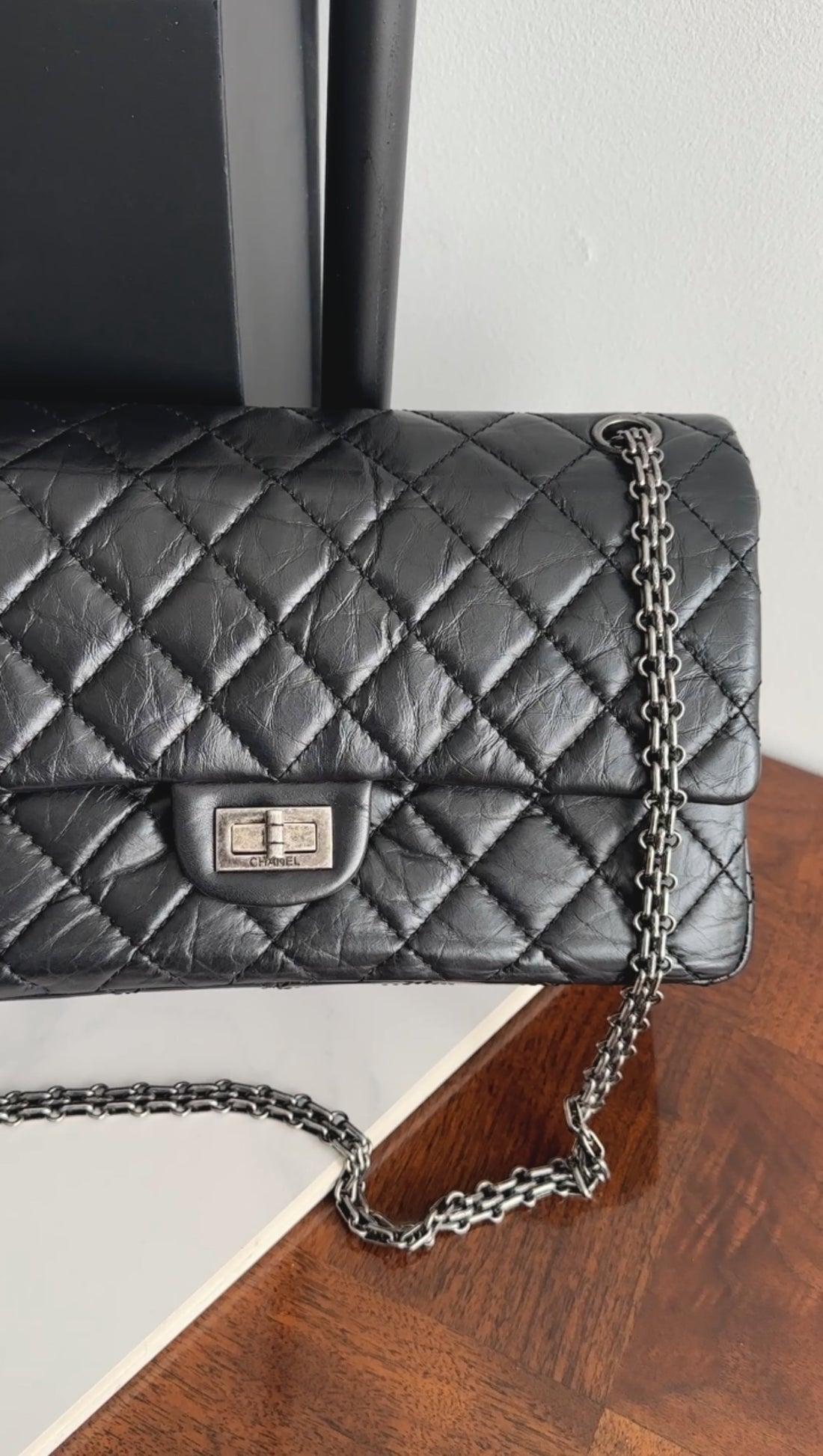 Chanel Black Aged Calfskin Reissue 2.55 227 Ruthenium Classic Flap Bag