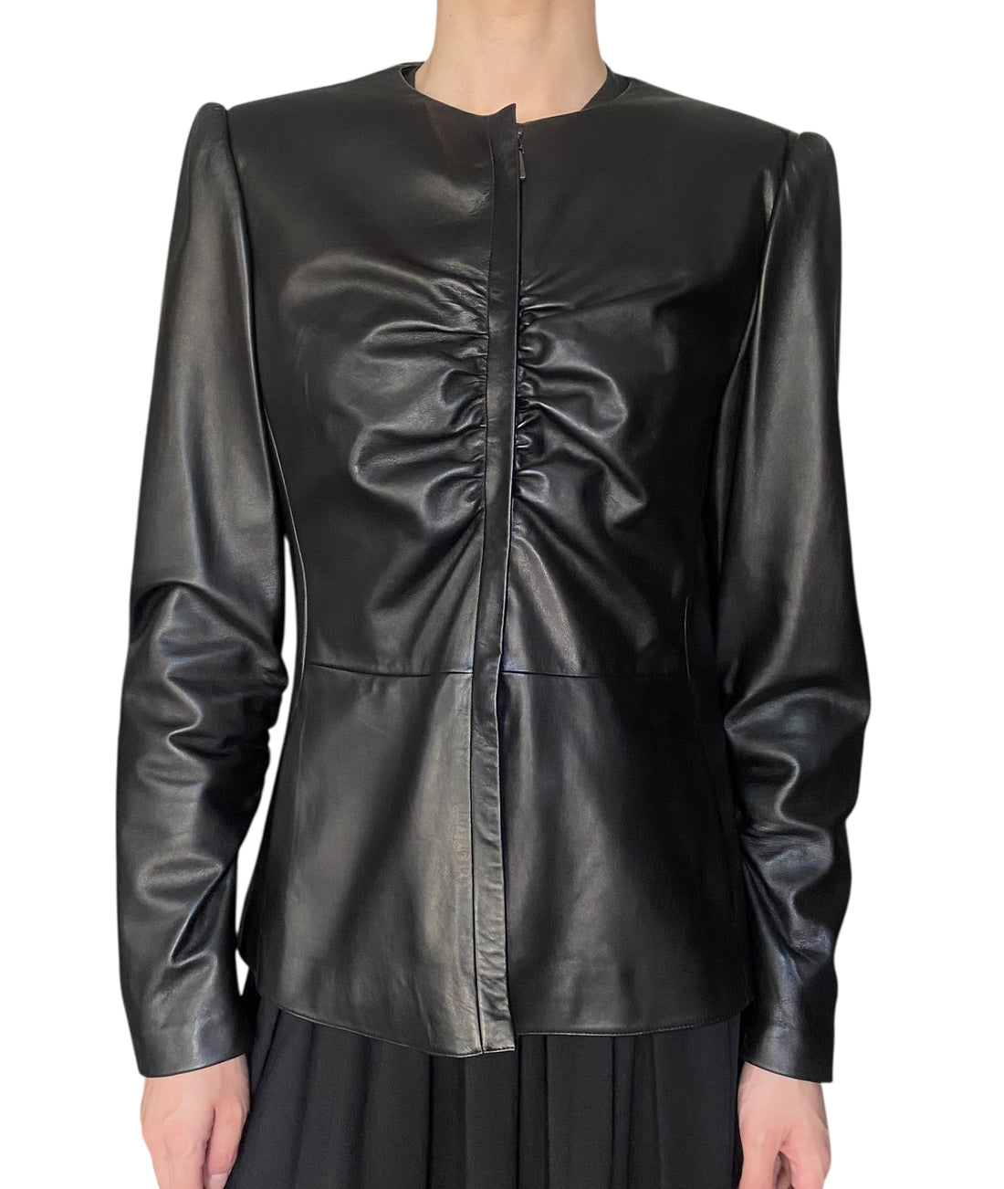 Armani Black Rouched Leather Jacket - US 12