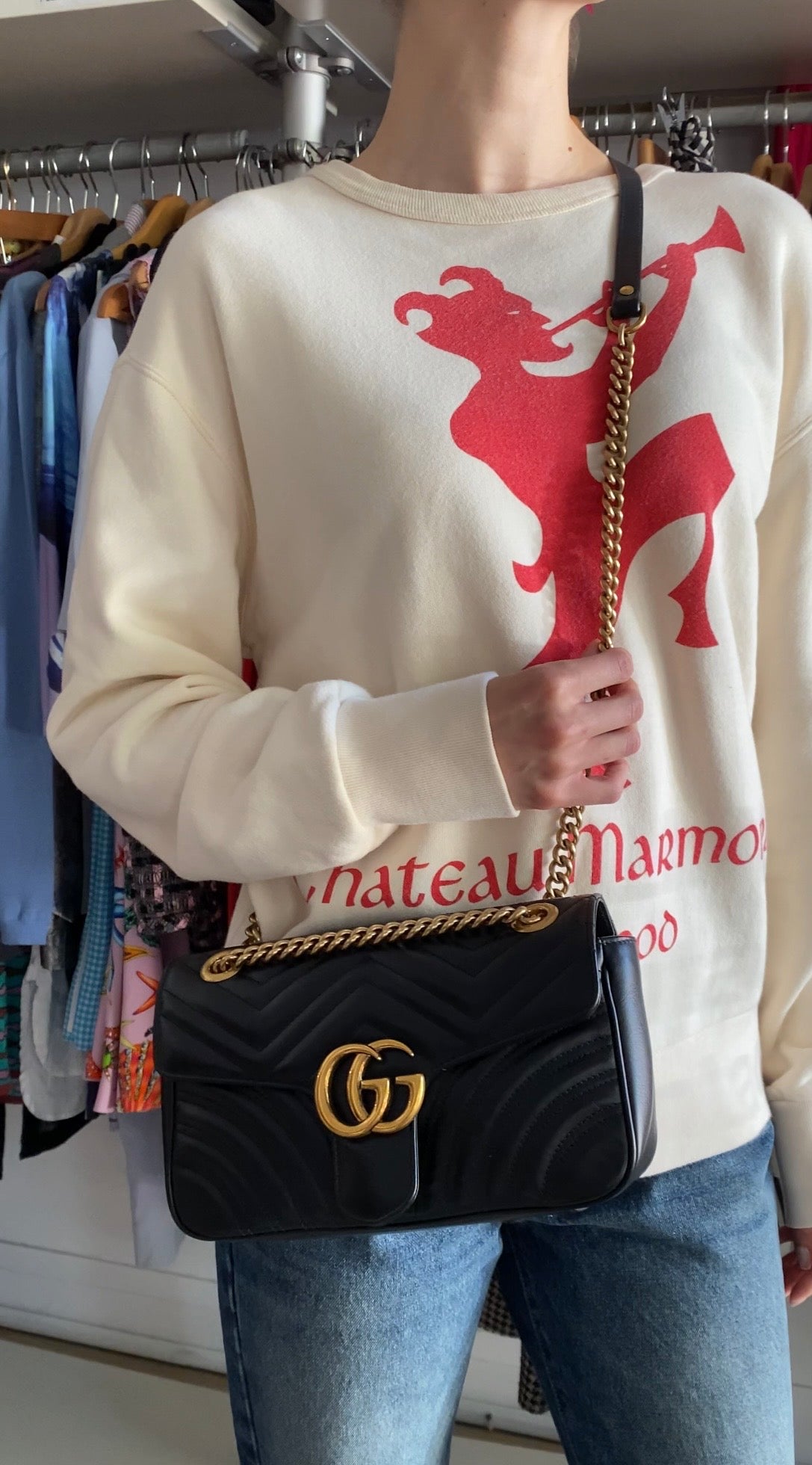 Gucci Black GHW Chevron Quilted Leather GG Marmont Chain Bag