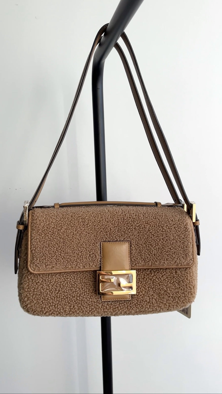 Fendi Brown Shearling Double Flap Baguette Bag