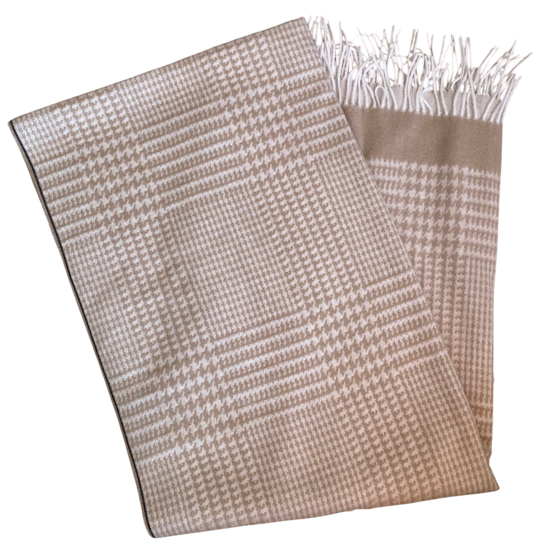 Brunello Cucinelli Beige Houndstooth Brushed Silk Monili Trim Wide Fringed Scarf