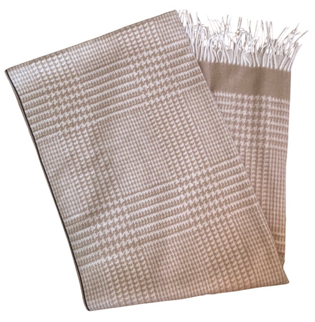 Brunello Cucinelli Beige Houndstooth Brushed Silk Monili Trim Wide Fringed Scarf