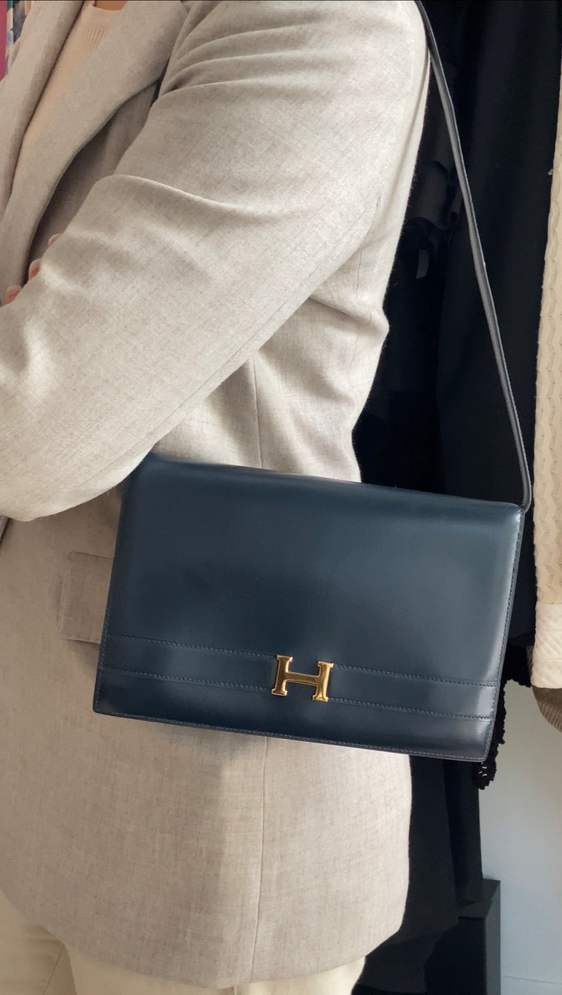 Hermes Vintage 1984 Midnight Navy Box Leather H Annie Clutch Bag with Strap 24cm