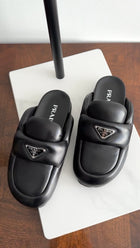 Prada Black Leather Triangle Logo Puffer Slide Mule Shoes - 36.5 / 37