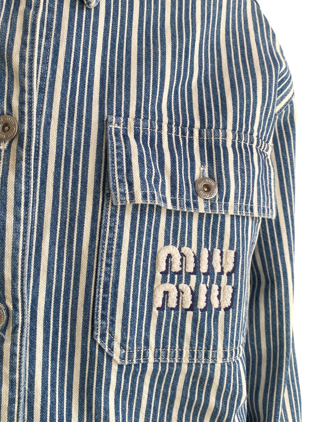 Miu Miu Blue Denim Striped Logo Jacket - 40 / US 6