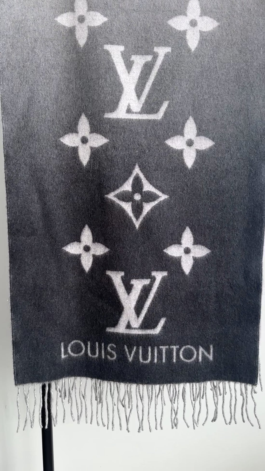 Louis Vuitton Grey Ombre Reykjavik Fringe Logo Scarf