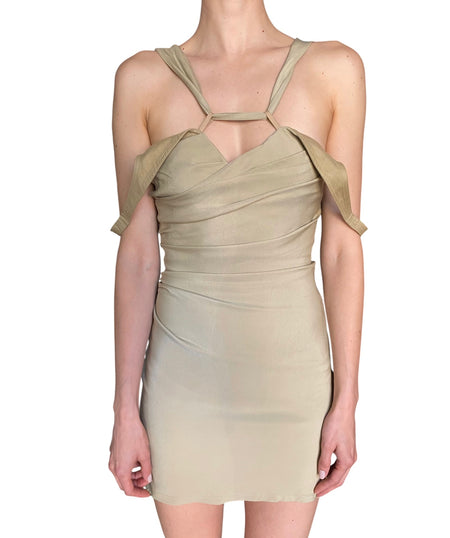 Jacquemus Khaki Silk Linen Combo Strappy Mini Dress - 36 / US 2