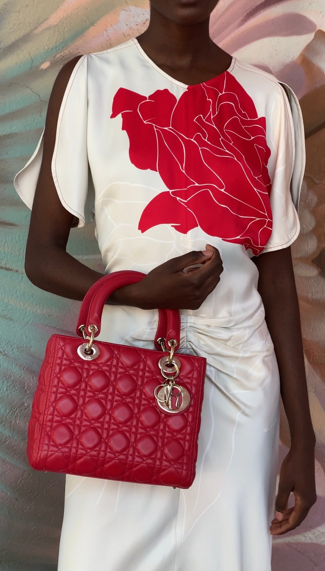 Dior Medium Lady Dior Red Quilted Lambskin Leather Two Way Handbag