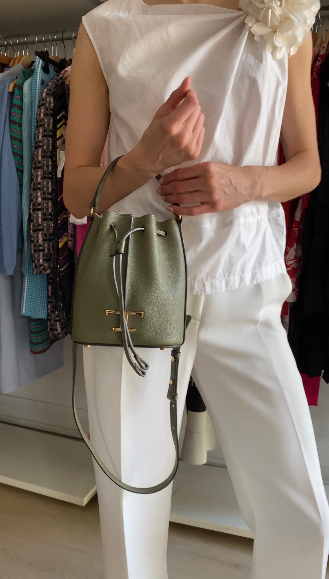 Tod's Olive Green Leather T Timeless Micro Two Way Bucket Bag