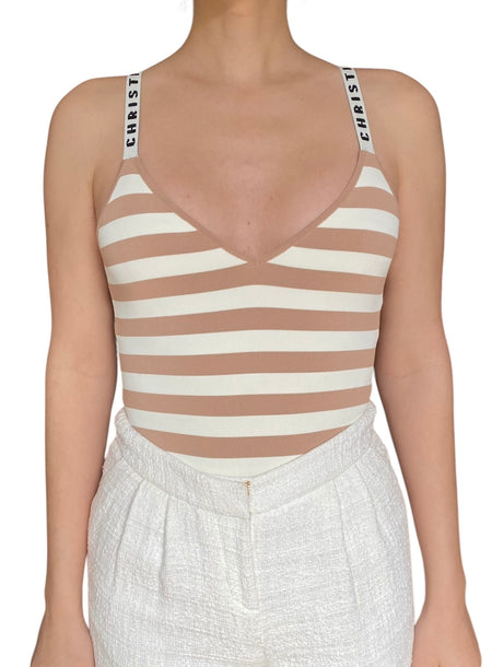 Dior Beige and Cream Striped Logo Cross Back Bodysuit - S / US 2-4