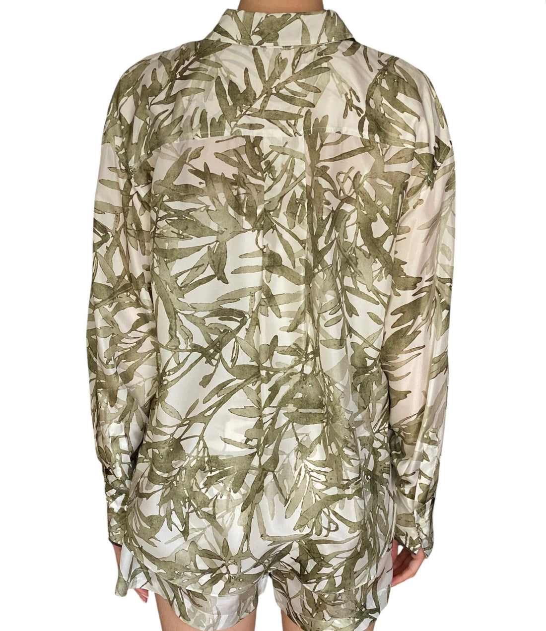 Brunello Cucinelli Green Silk Olive Print Long Sleeve Shirt - S / US 4-6