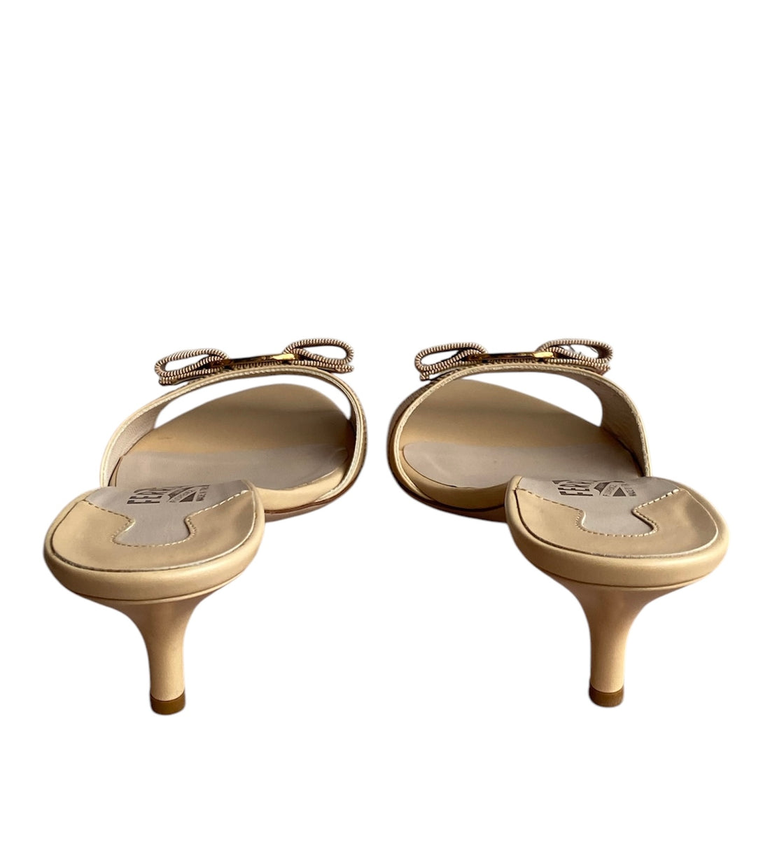 Ferragamo Beige Bow Logo Mules.