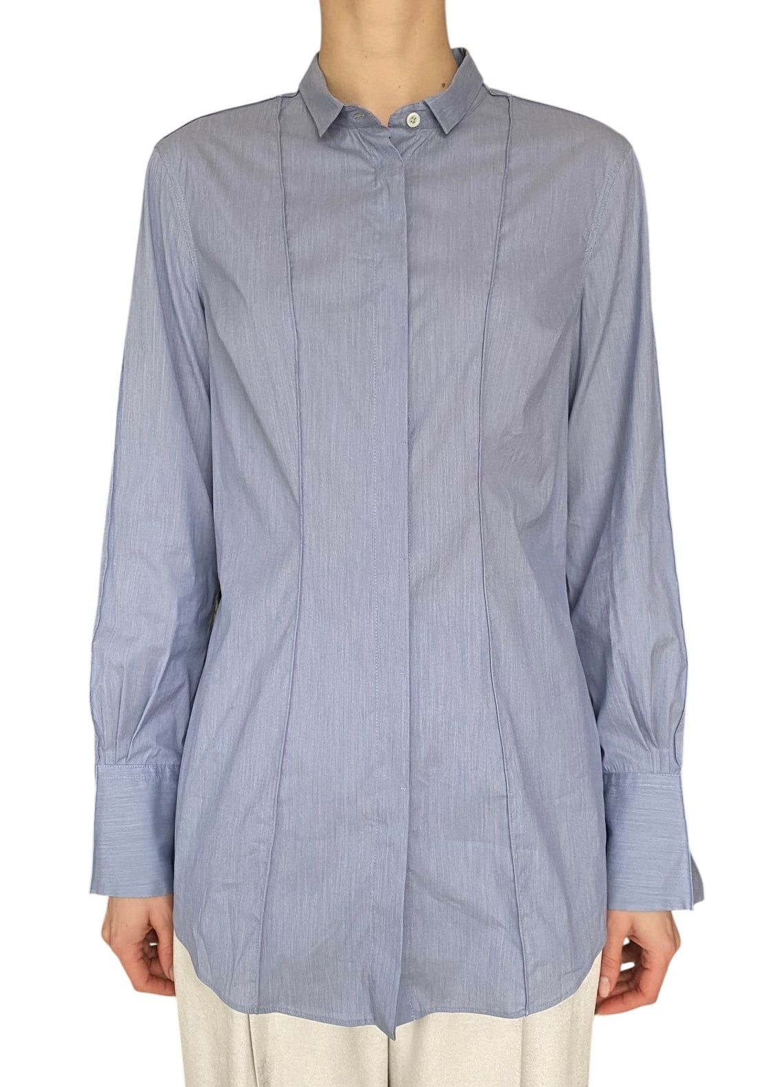 Brunello Cucinelli Blue Pleated Cotton Stretch Shirt - L / US 4-6