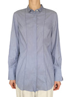 Brunello Cucinelli Blue Pleated Cotton Stretch Shirt - L / US 4-6