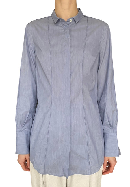 Brunello Cucinelli Blue Pleated Cotton Stretch Shirt - L / US 4-6