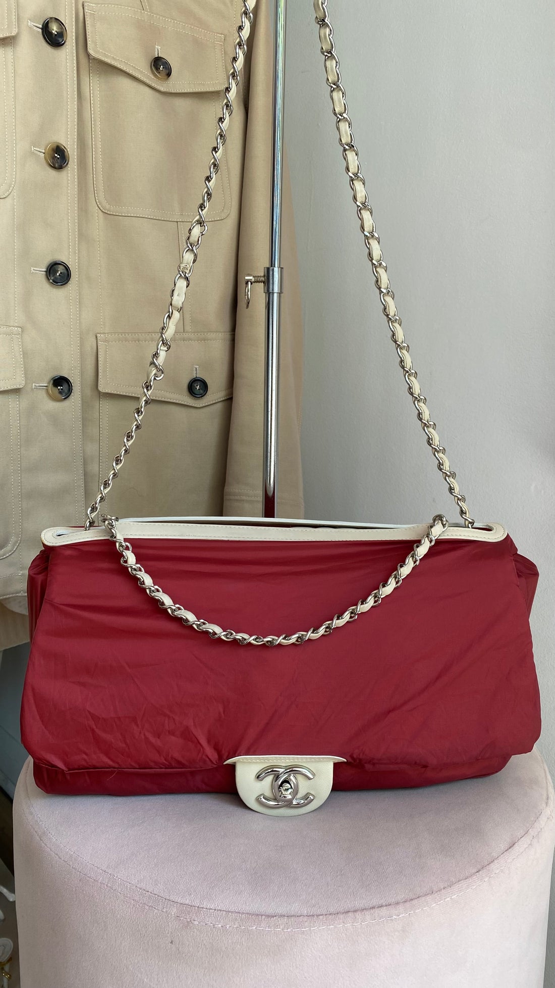 Chanel Seoul Coco Ivory Beige Quilted Lambskin Jumbo Rain Flap Bag