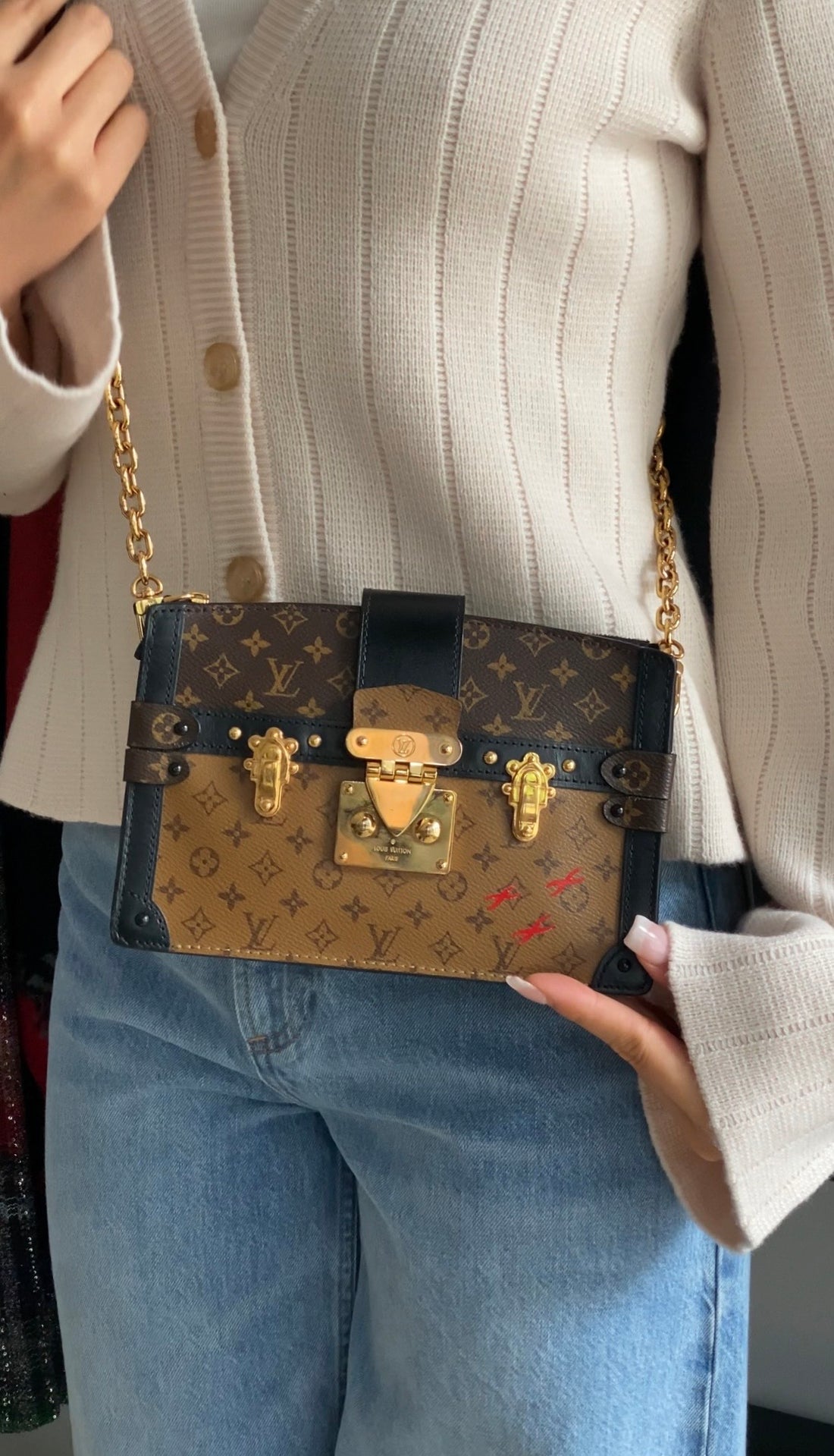 Louis Vuitton Brown Black Reverse Monogram Canvas Trunk Clutch Chain Bag