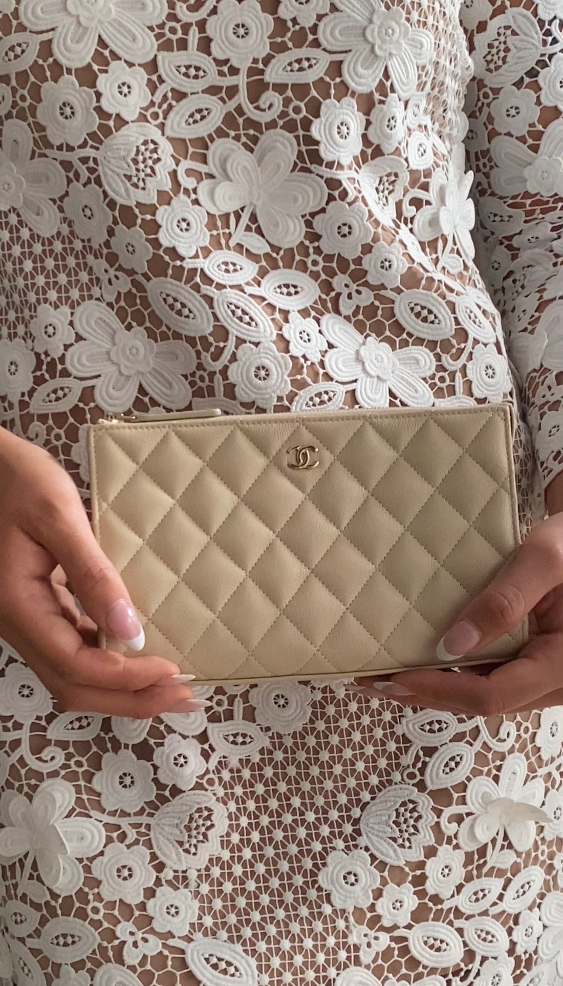 Chanel Light Beige Caviar Quilted Leather Timeless Clutch Bag
