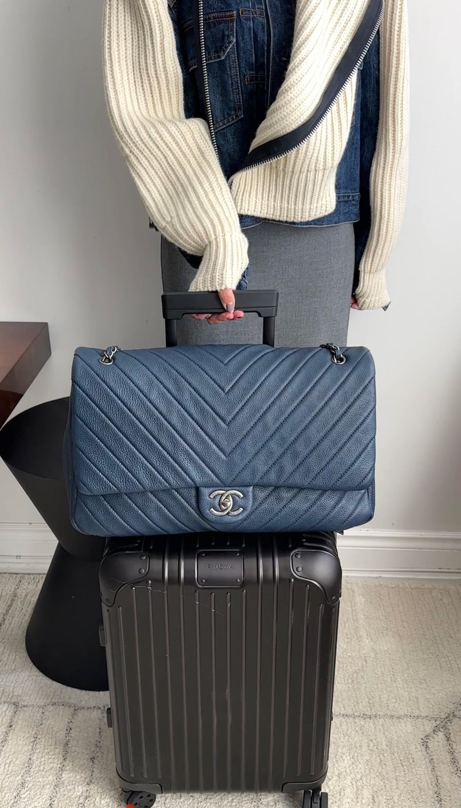 Chanel Navy Blue Chevron Quilted XXL Travel Flap Bag