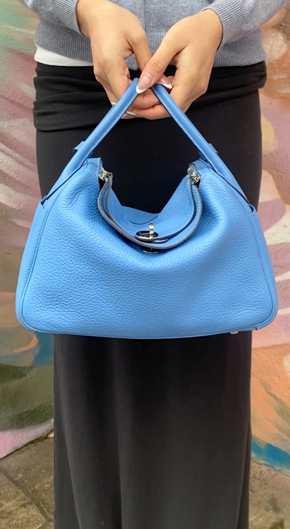 Hermes Blue Jean Clemence Leather Lindy 30 Bag PHW