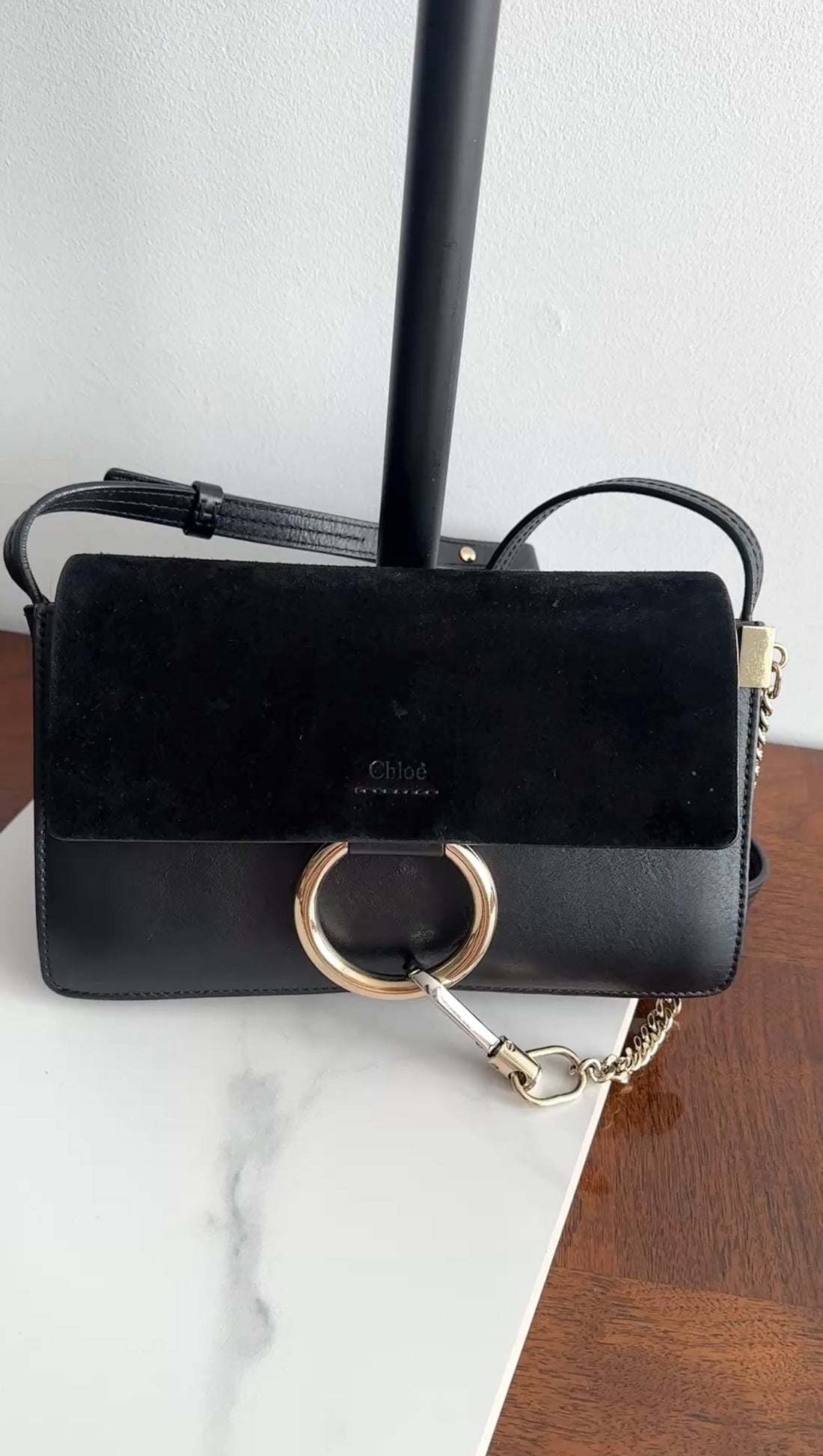 Chloe Faye Small East West Black Suede Leather Crossbody Bag