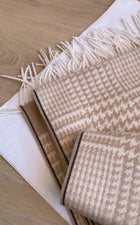 Brunello Cucinelli Beige Houndstooth Brushed Silk Monili Trim Wide Fringed Scarf