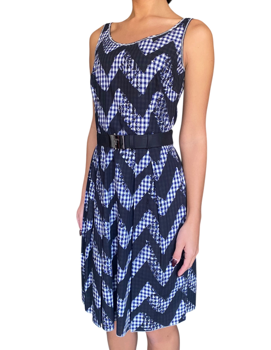 Prada Navy Gingham Belted Dress - 40 / US 4-6