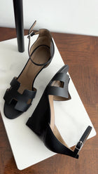 Hermes Black Leather H Legend Wedge Ankle Strap Sandals - 38