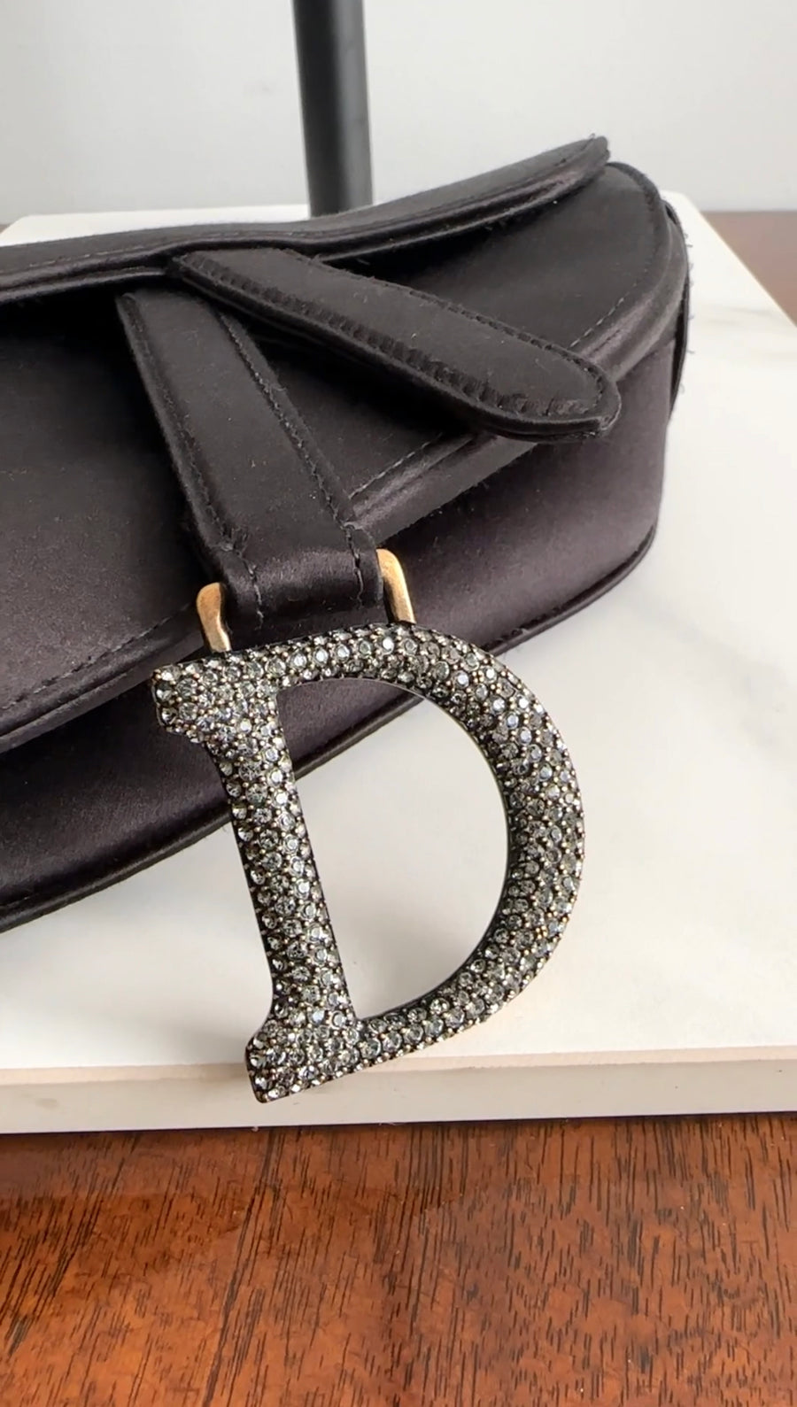 Christian Dior Black Satin Crystal Embellished Mini Saddle Bag