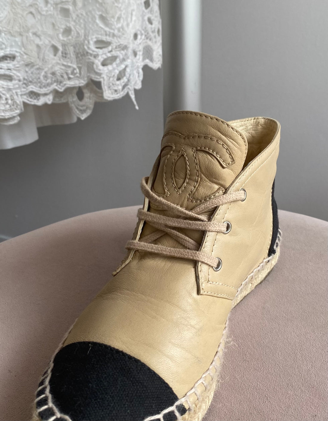 Chanel CC Beige Leather Black Canvas Cap Toe Espadrilles - 36