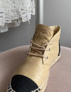 Chanel CC Beige Leather Black Canvas Cap Toe Espadrilles - 36