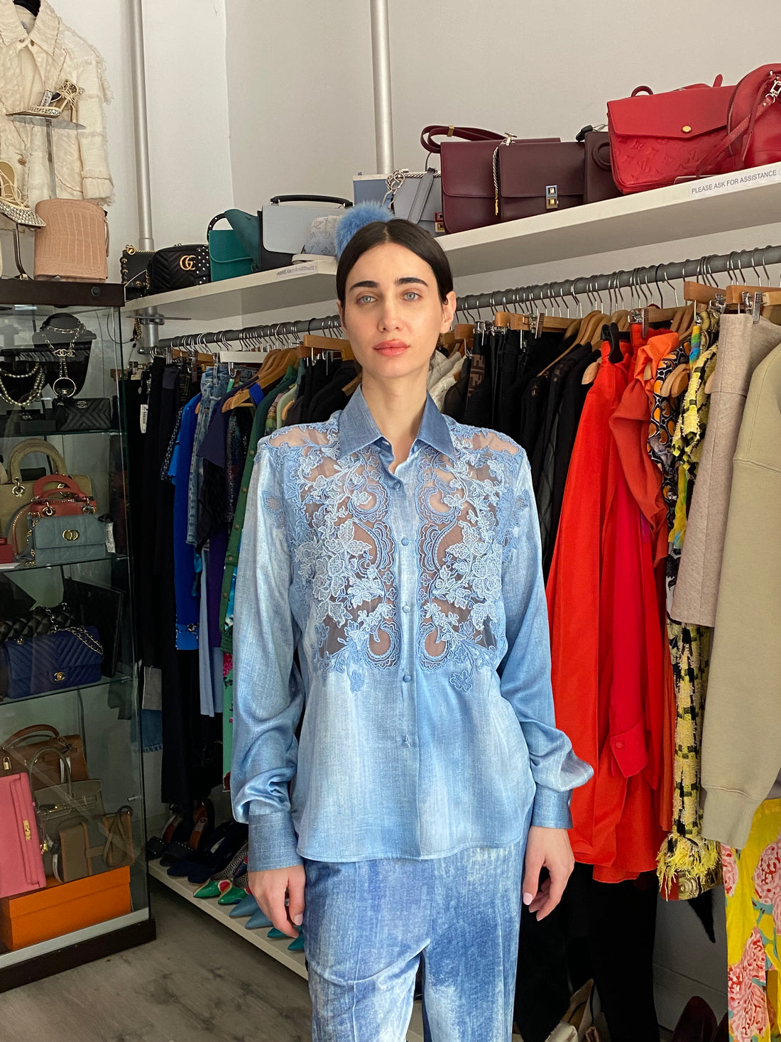 Ermano Scervino Blue Lace Silk Shirt - 44 / US 8