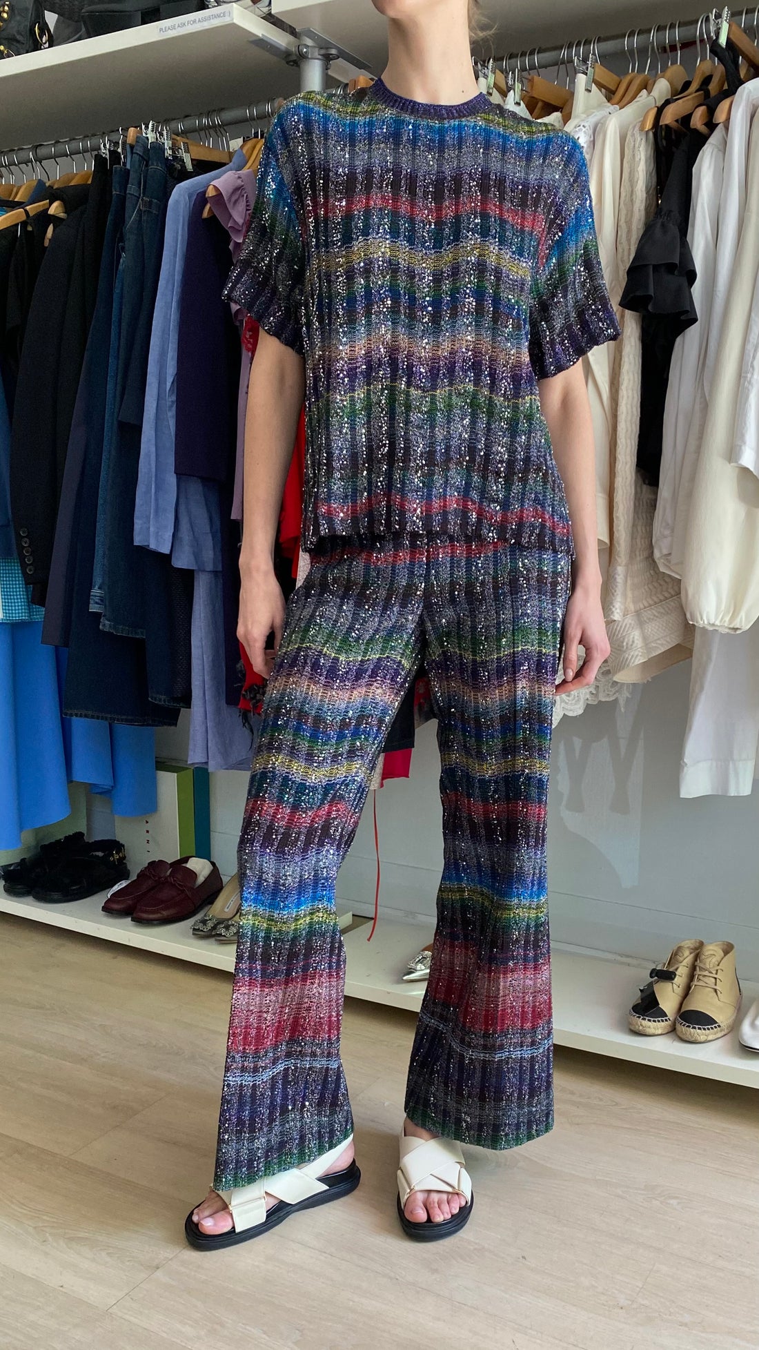 Missoni Multicoloured Sequinned Embellished Chevron Striped Knit Trousers - IT 42 / US 6