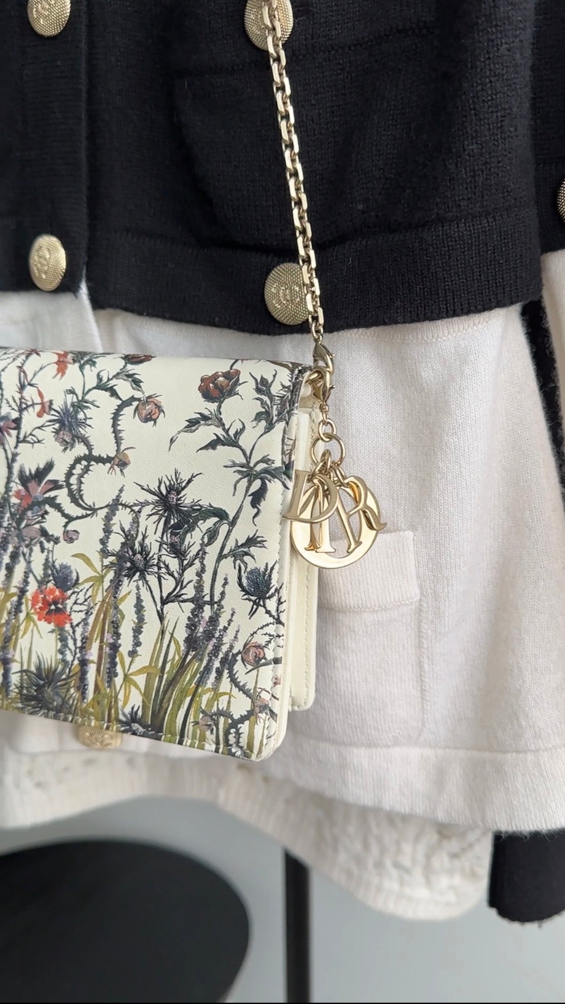 Dior Lady Dior Ivory Leather Floral Pouch Wallet on Chain