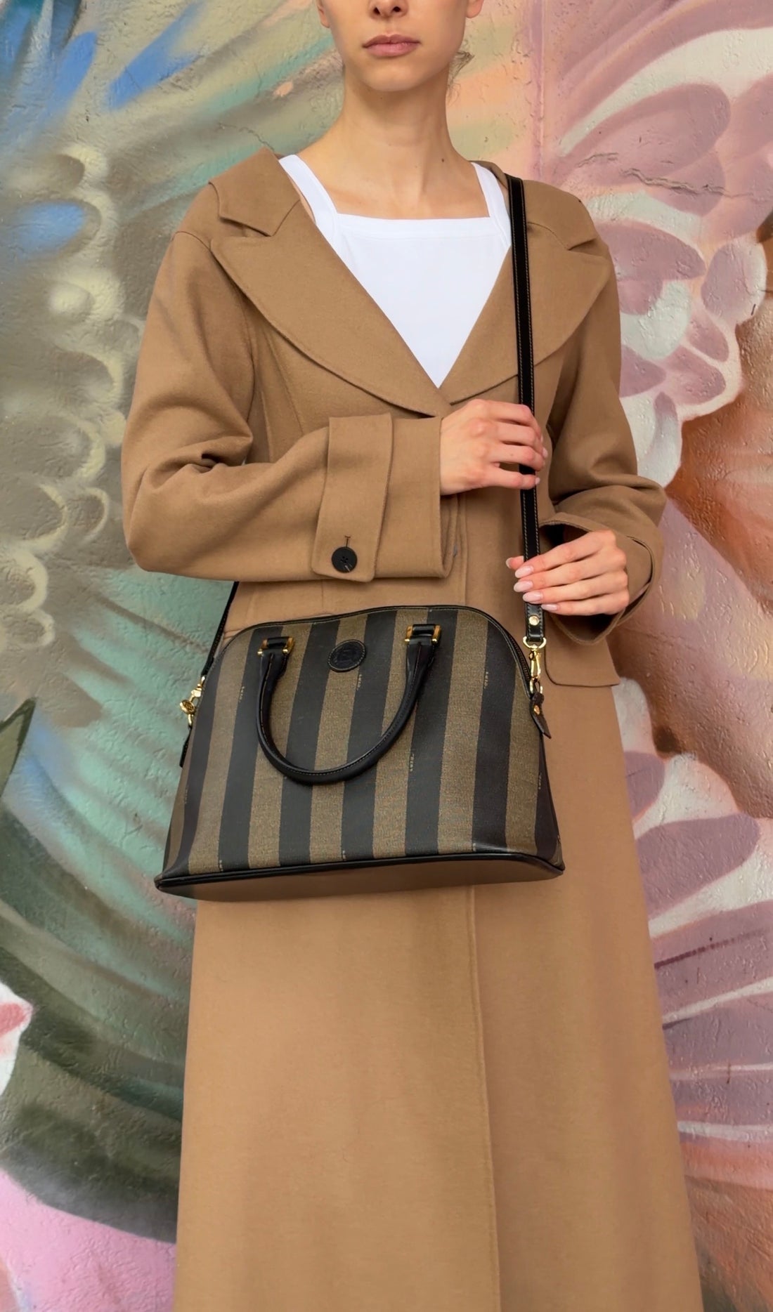 Fendi Black Brown Vintage Pequin Stripe Coated Canvas Dome Bag