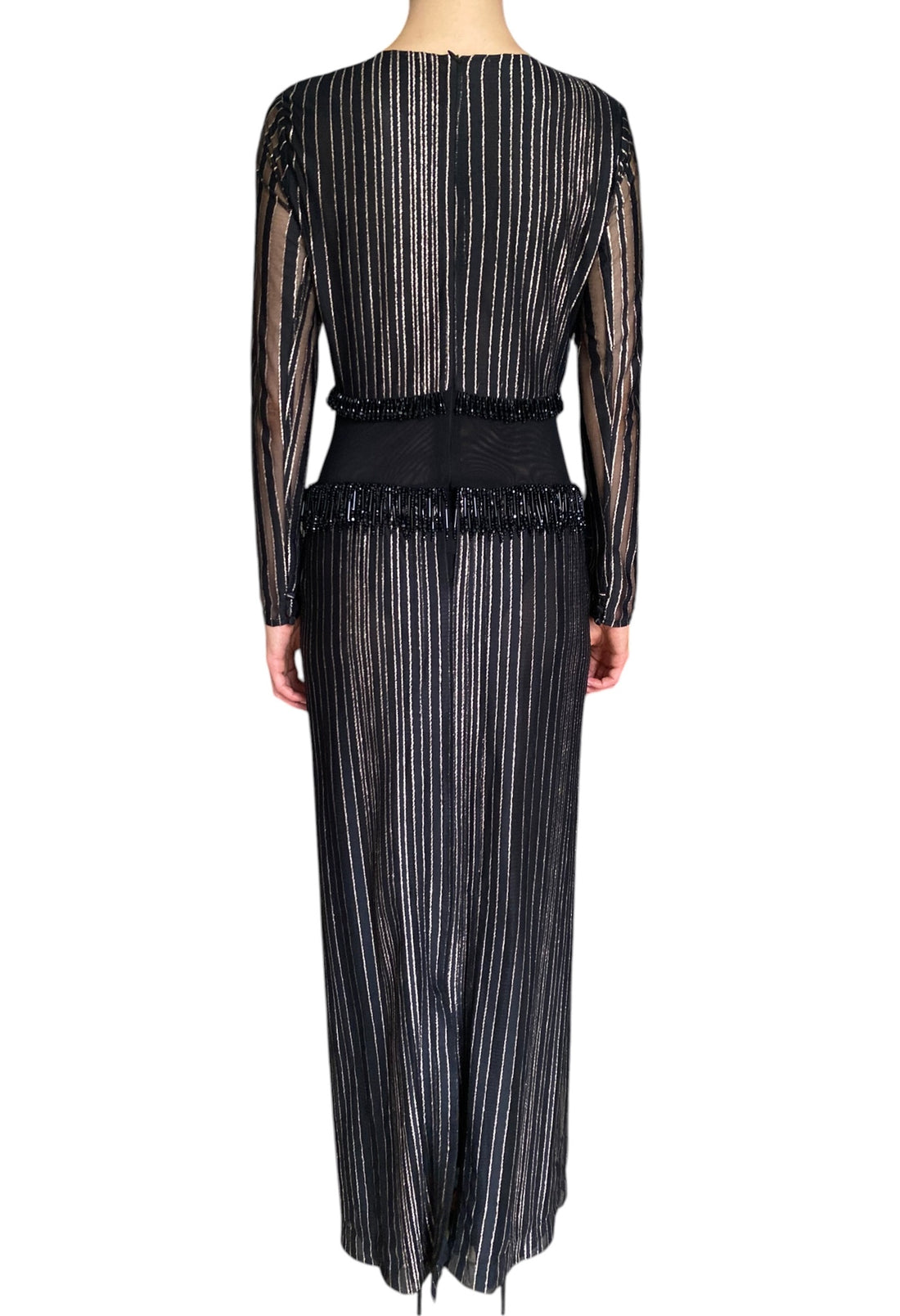 PatBo Black “Prism” Beaded Metallic Striped Lurex Gown - 40 / US 8