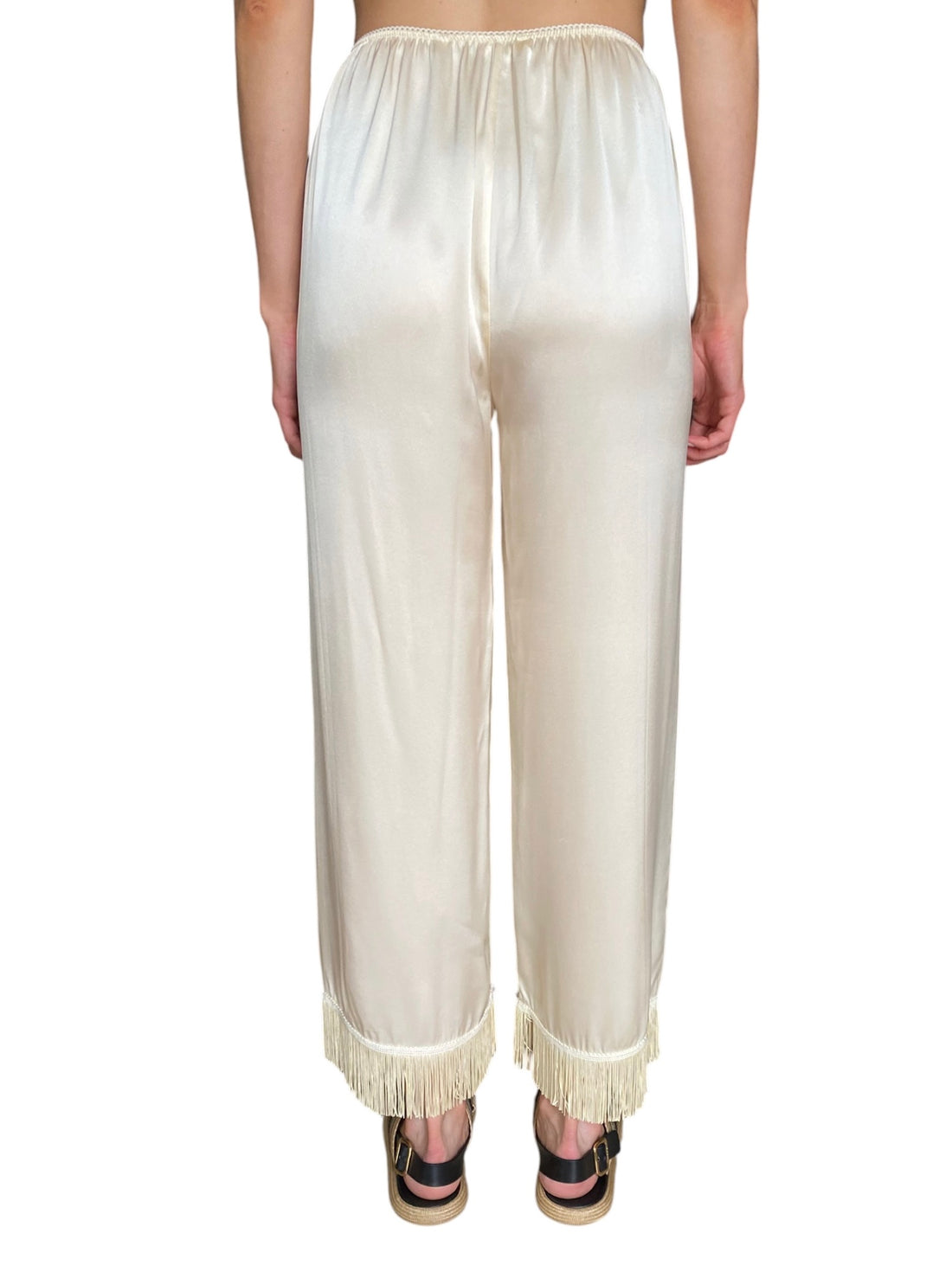 Doen Champagne Silk Satin Fringe Trimmed Wide-Leg Pyjama Pants - S / US 4-6