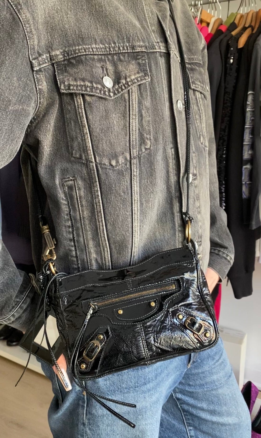 Balenciaga Black Textured Patent Le City Moto Classic Shoulder Pouch on Strap