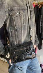 Balenciaga Black Textured Patent Le City Moto Classic Shoulder Pouch on Strap