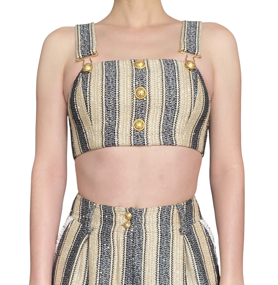 Balmain Raffia Stripe Button Crop Top - 36 / XS