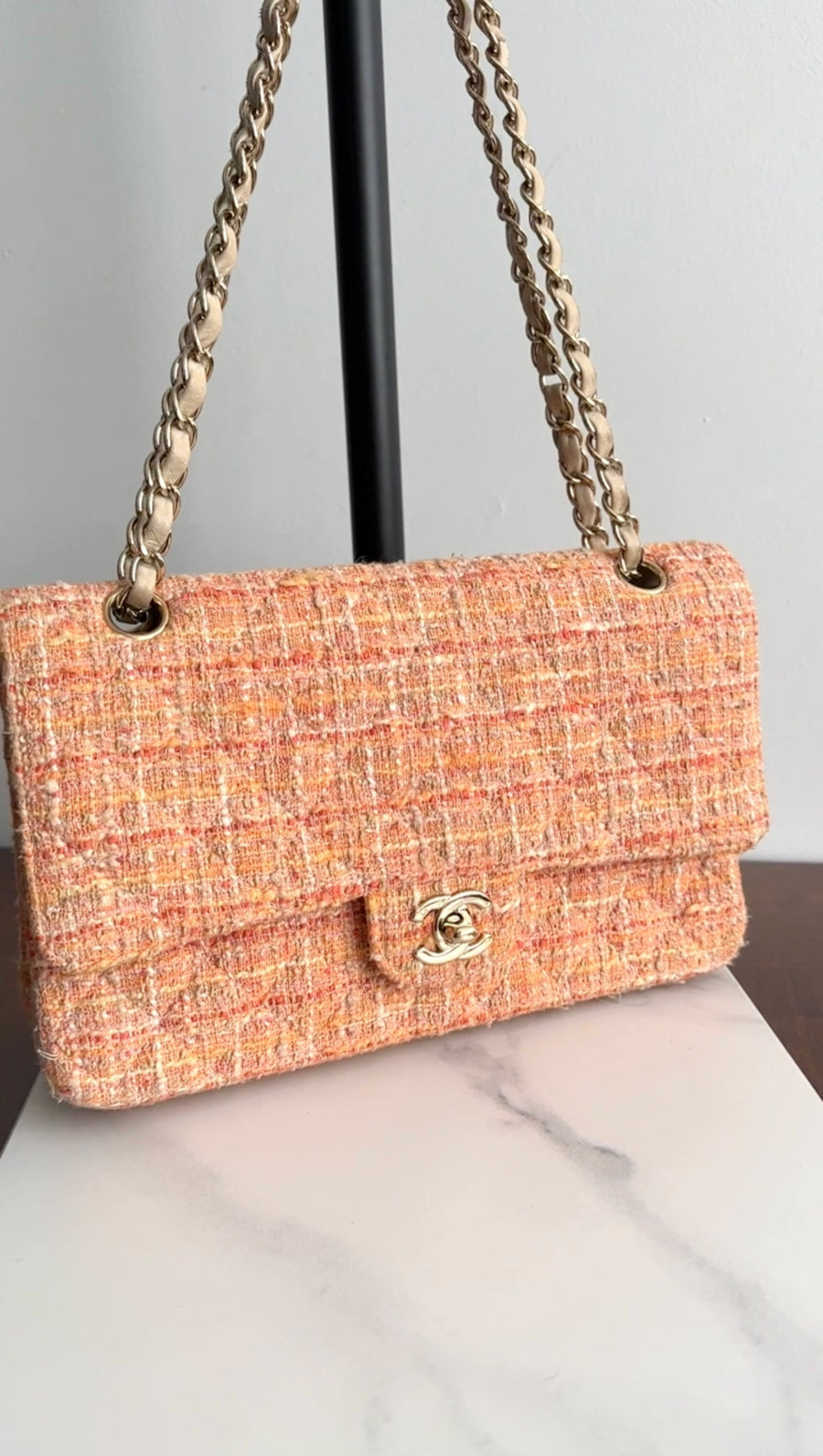 Chanel 2005 Peach Tweed Medium Classic Double Flap Bag